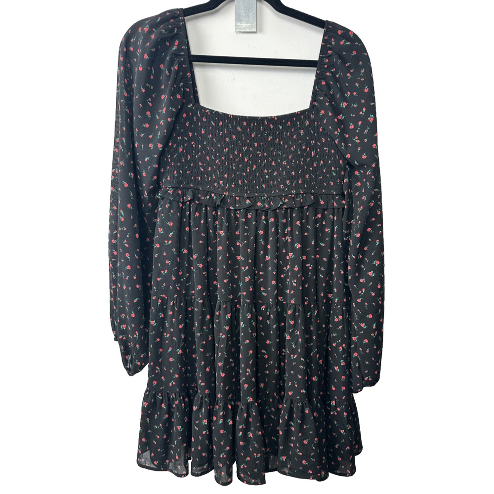 Altard State Size S Puff Sleeve Black Floral Smocked Mini Dress Long sleeve C23